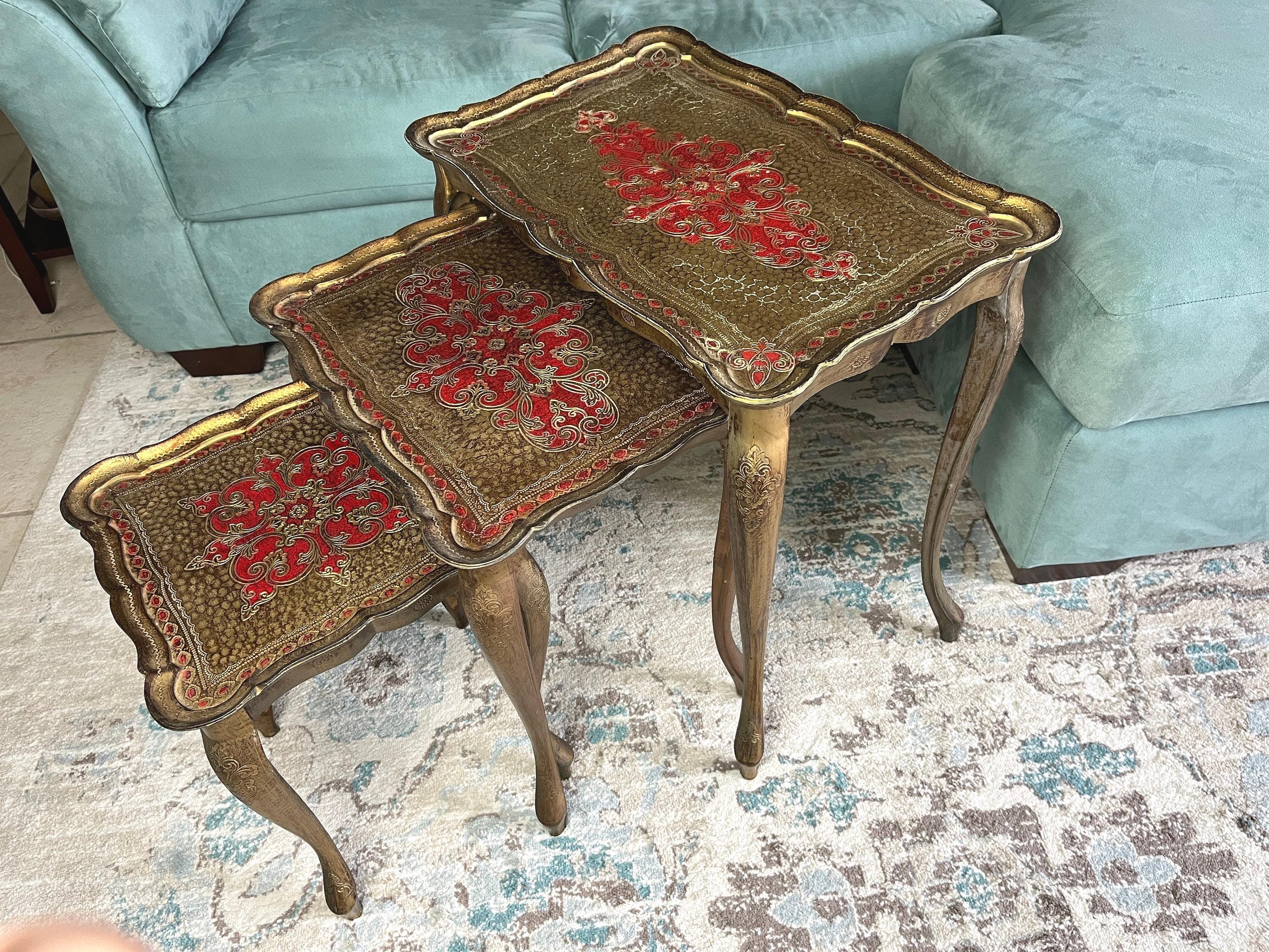 Vintage Italian Florentine Nesting Tables Red and Gold Side Accent