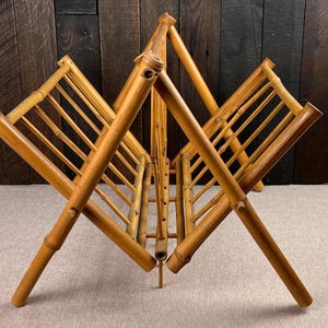 Vintage Folding Bamboo Magazine Rack for Floor Two-Section Rattan Handled Storage Organizer Stand Bohemian Furniture Chic 1970s Decor