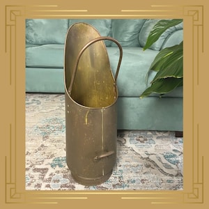 Vintage Coal Scuttle Pail Tall Ash or Firewood Bucket Large Handled Brass Fireplace Vessel Aged Bronze Rustic Country Farmhouse Boho Décor