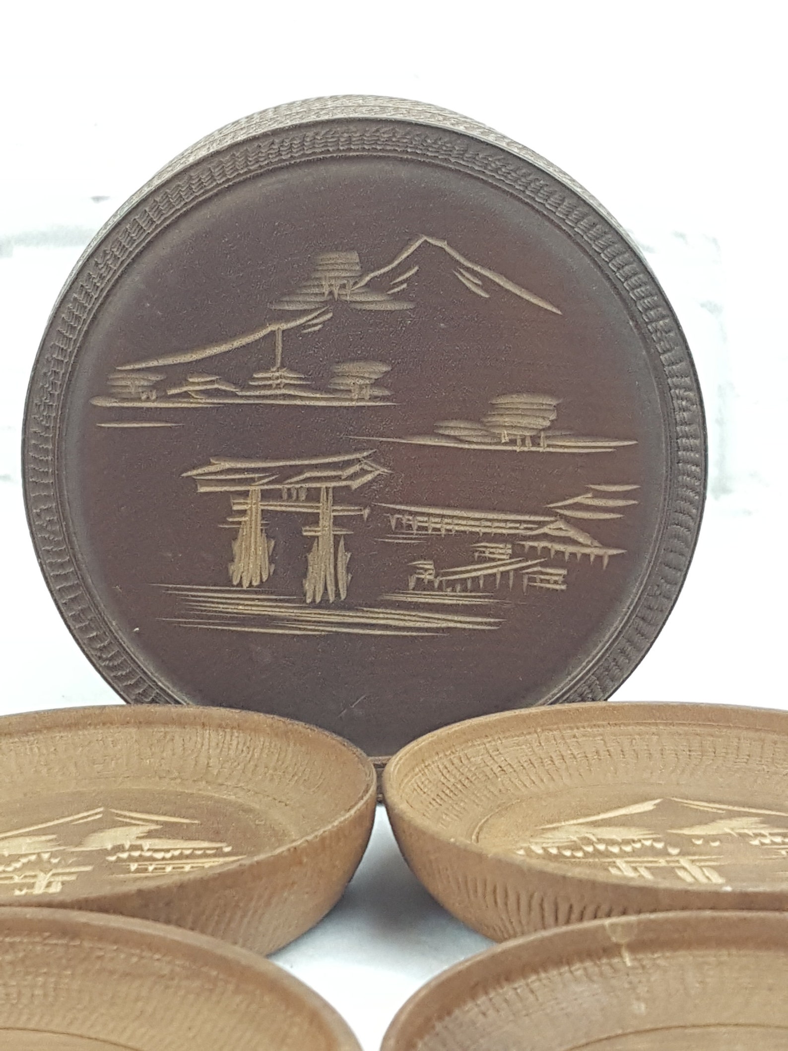 Vintage Japanese Teak Wood Coasters Box Set of 6 Asian Folk Etsy