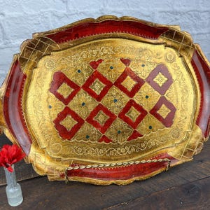 Vintage Florentine Tray Italian Red and Gold Oval 15-inch Handled Sofa Tray Vanity Organizer Hollywood Regency Eclectic Decor