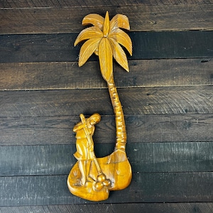 Vintage Philippine Relief Sculpture Wall Hanging Large Plaque Carved Wood Native Lady by Coconut Tree Pacific Island Filipino Folk Art Decor