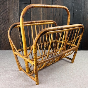 Vintage Burnt Bamboo Magazine Rack Handled Two-Section Organizer Rattan Album Stand 1970s Bohemian Chic Home Office Interior Decor