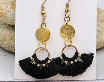 Black Fan Tassel Earrings with gold accent ; Boho Fashion Earrings