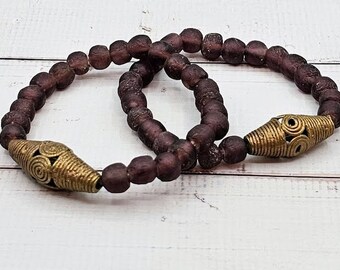 African Glass Bead Bracelet Pair: Frosted Purple Ghanaian Trade Beads