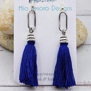Tassel Earrings - Navy Blue Tassel Earrings with Paperclip Link Boho Jewelry