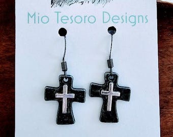 Gunmetal Cross Dangle Earrings: Hammered Silver Religious Jewelry