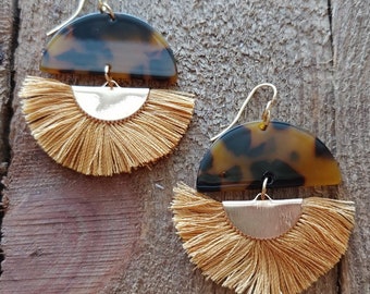 Tortoise Shell Acetate Earrings with Gold Fan Tassel