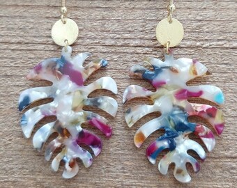 Palm Leaf Monstera Leaf Acetate Boho Earrings (multi-colored/gold)