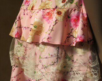 Floral Chiffon Mini Skirt with Ivory Lace Ruffle