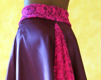 Buy 2 pieces for 50% sale! - Violet Satin Tango Salsa Skirt with Very Pink Lace Tail