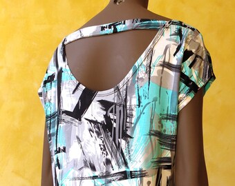 Buy 2 pieces for 50% sale! - Artistic Turquoise Loose Short Sleeves Top with Deep Back Neckline and elegant Stripe