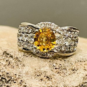 Vintage 14Kt White Gold Bright Yellow Sapphire And Diamond Three Ring Set