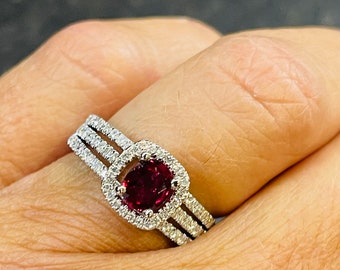 Certified Oval Deep Red Ruby .81Cts And Diamond Halo Style Ring  1.0Cts. In 14Kt White Gold