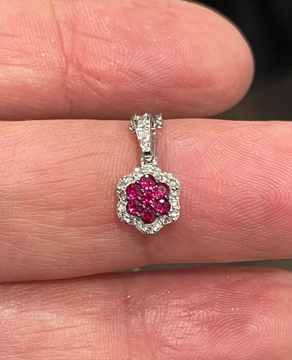 Ruby and Diamond Halo Pendant, 14kt White Gold Ca… - image 3