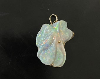 Vintage Custom Carved Black Opal Flower With Great Color Play In 14Kt Yellow Gold