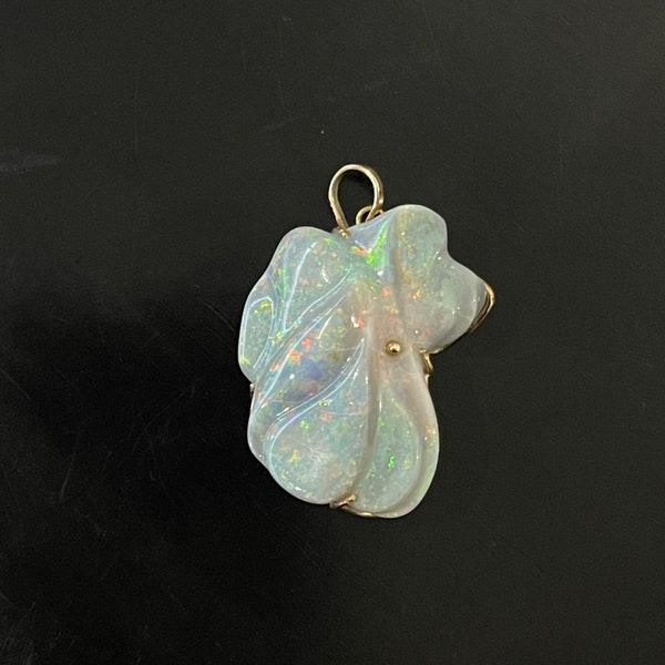 Vintage Custom Carved Black Opal Flower With Great Color Play In 14Kt Yellow Gold