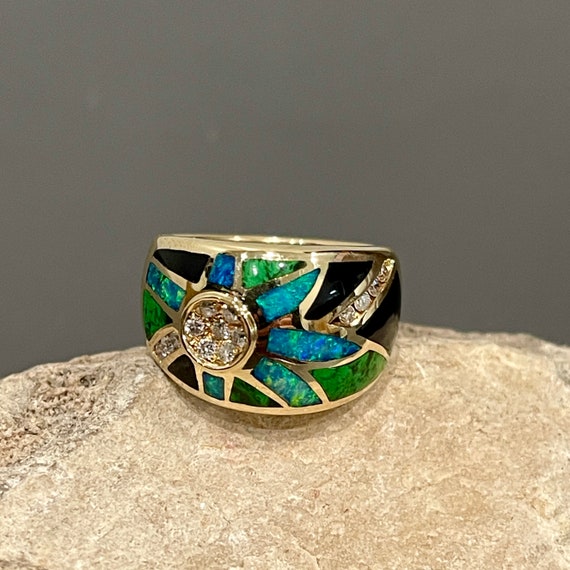 Black Opal, Black Jade, Malachite And Diamond Inlaid Ring In 18Kt Yellow Gold