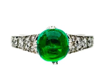 Columbian Vivid Green Round Cabochon Cut Emerald And Diamond Ring In 14Kt White Gold