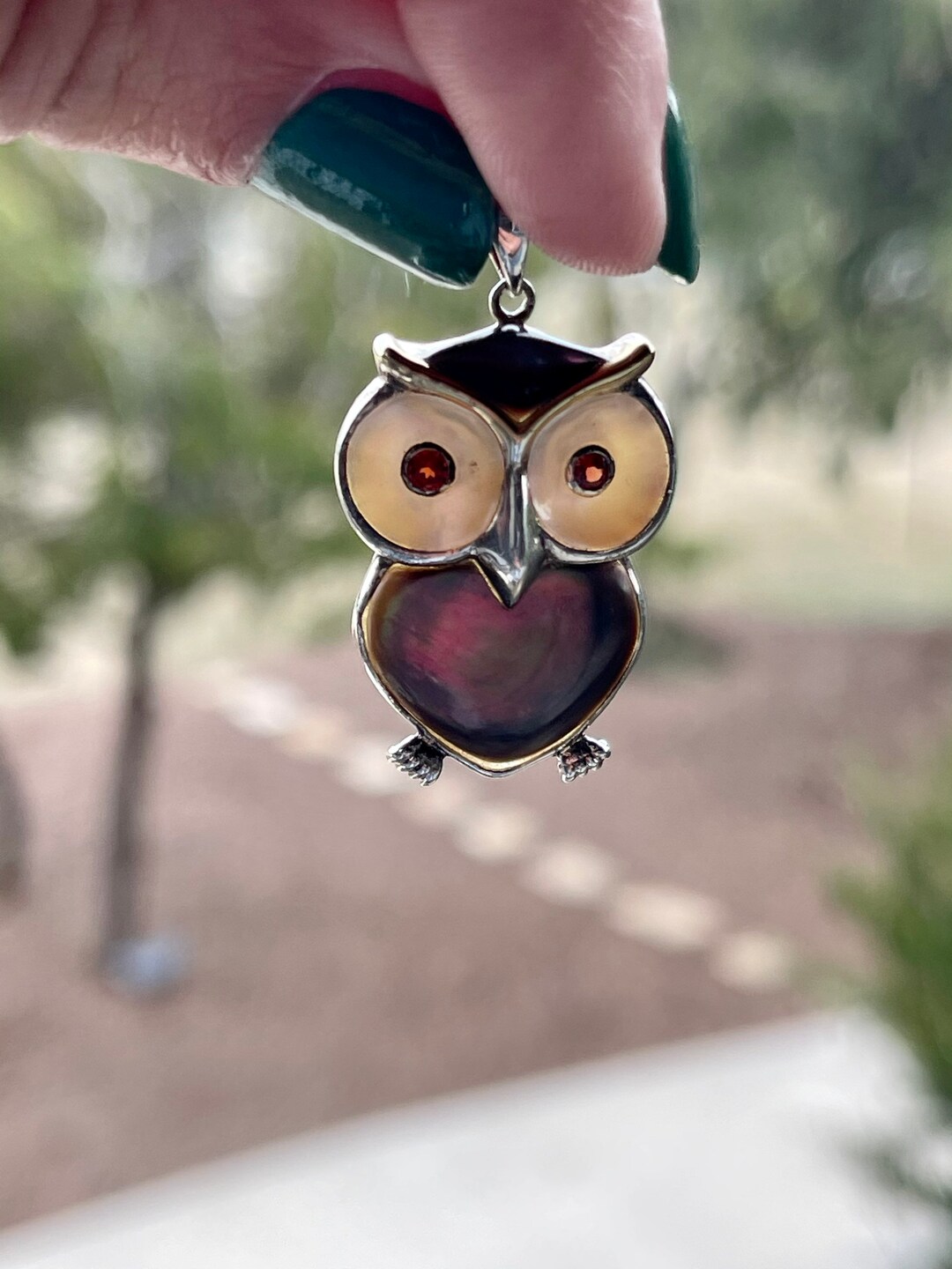 Sterling Silver Mother of Pearl Owl Pendant With Garnet Eyes - Etsy