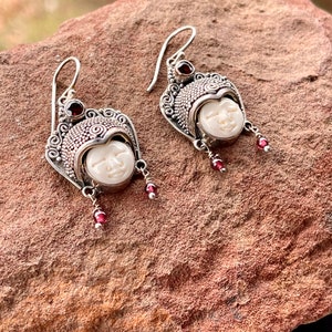 Sterling Silver Asian Face Earrings, Red Garnet Dangle Earrings