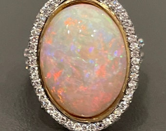 Oval Opal Diamond Halo Ring, 18KT Yellow Gold & Platinum
