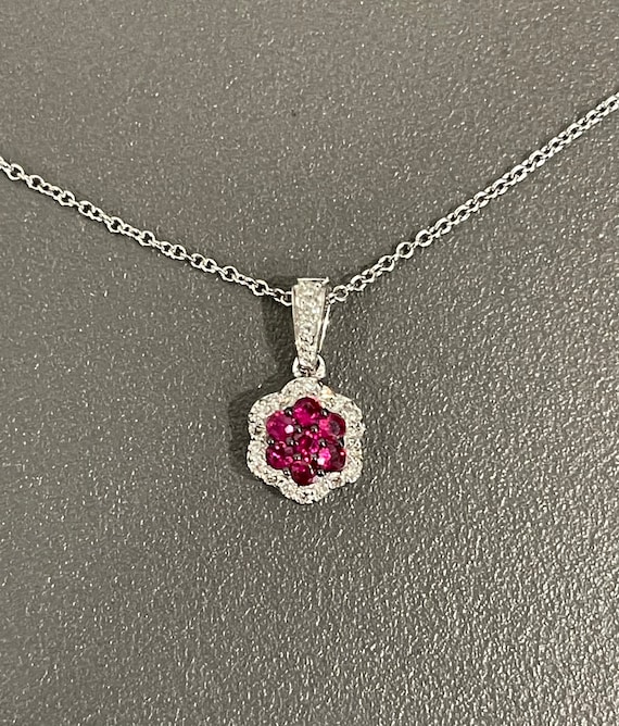 Ruby and Diamond Halo Pendant, 14kt White Gold Ca… - image 1