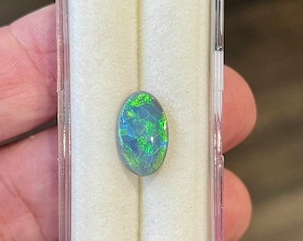 May include: A green and blue oval opal gemstone with a white background. The opal is set in a clear plastic display case.