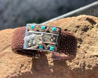 Sterling Silver Turquoise And Leather Cuff
