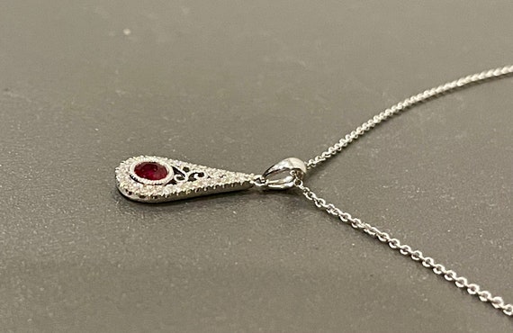 Ruby & Diamond Teardrop Pendant, Filigree 14kt Wh… - image 3