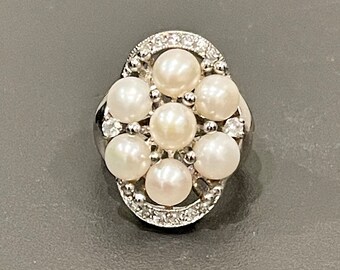 Sterling Silver Genuine Pearl And Cubic Zirconia Ring Size 7