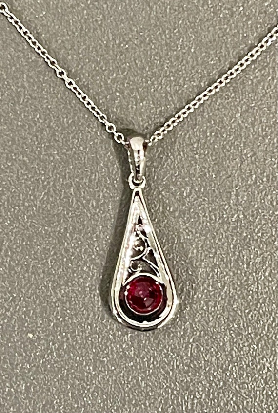 Ruby & Diamond Teardrop Pendant, Filigree 14kt Wh… - image 4