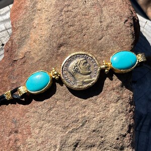 Gold Finish Turquoise And Simulated Ancient Coin Bracelet