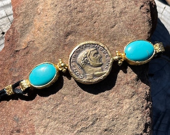 Gold Finish Turquoise And Simulated Ancient Coin Bracelet
