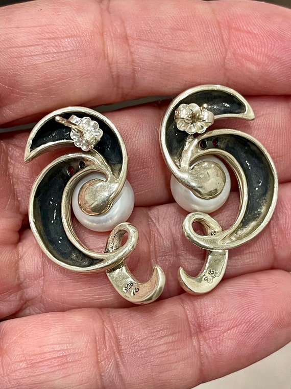 Sterling Silver Pearl, Ruby And Marcasite Earring… - image 4