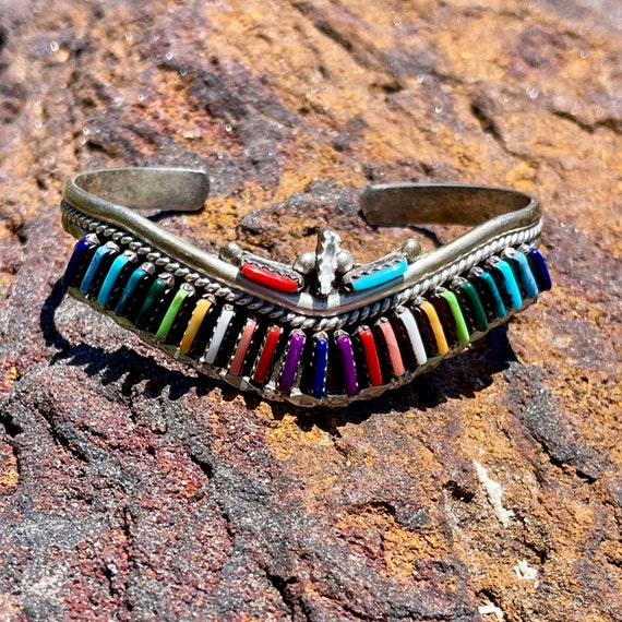 Native American Curving Needles Of Turquoise Cvintage Zuni Sterling Silver Bracelet Native American Curving Needles Of Turquoise Cvintage Zuni Sterling Silver Bracelet