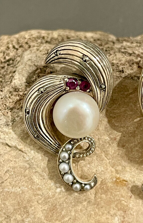 Sterling Silver Pearl, Ruby And Marcasite Earring… - image 3