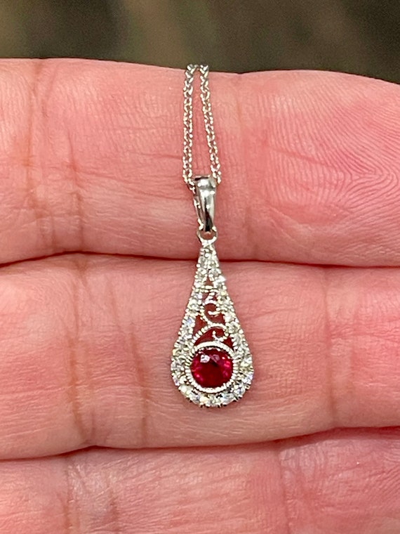 Ruby & Diamond Teardrop Pendant, Filigree 14kt Wh… - image 6