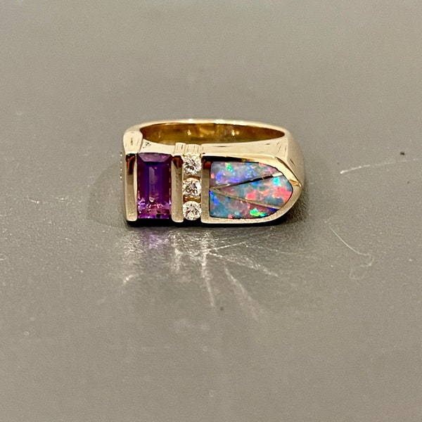 Designer Kabana Amethyst, Fire Opal And Diamond Ring In 14Kt Yellow Gold