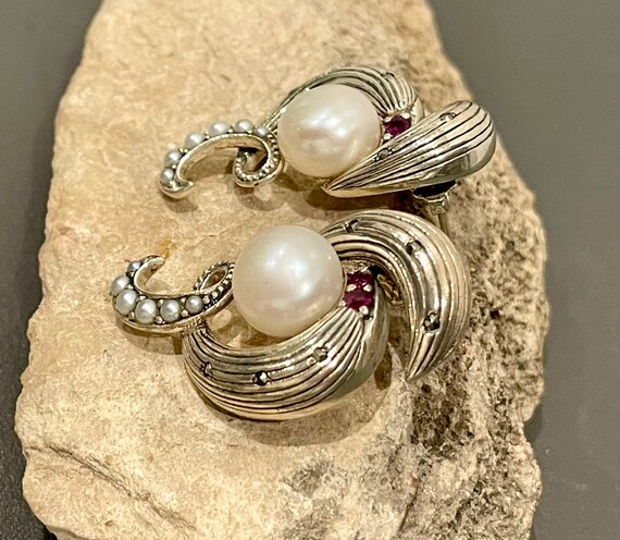 Sterling Silver Pearl, Ruby And Marcasite Earring… - image 2