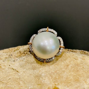 South Sea White 16mm Pearl In 18KT White And Yellow Gold Ring  With .50Cts. Diamonds Size 6.5