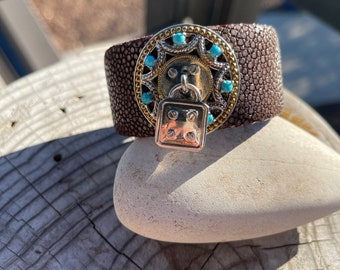 Sterling Silver And Turquoise Brown Leather Cuff Bracelet with Two Tone Bracelet Trim