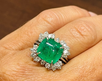 Vintage Platinum Columbian Emerald Ring, Sugarloaf Cushion Cut Diamond Halo