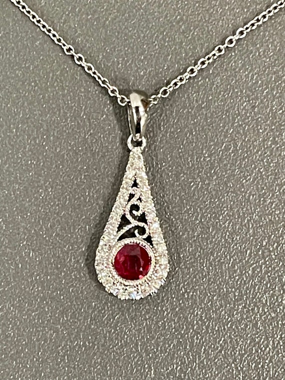 Ruby & Diamond Teardrop Pendant, Filigree 14kt Wh… - image 2