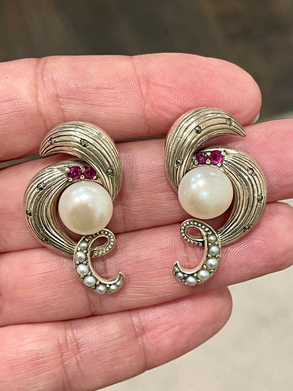 Sterling Silver Pearl, Ruby And Marcasite Earring… - image 6