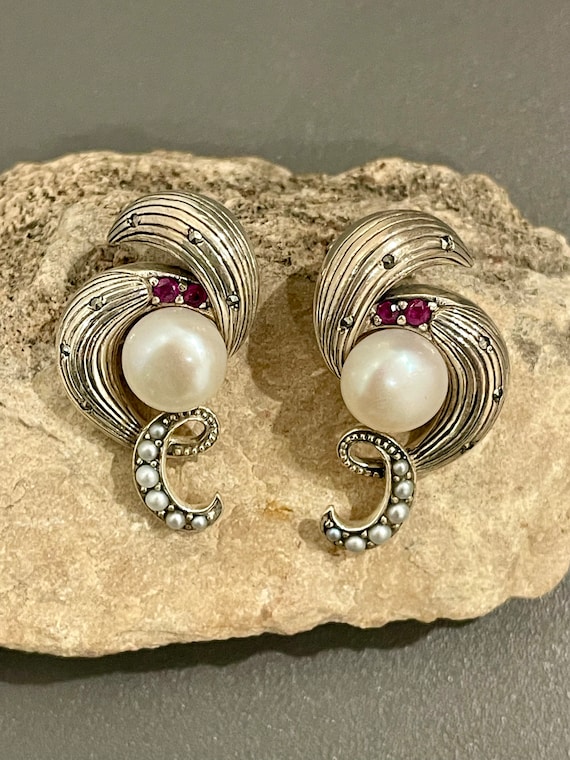 Sterling Silver Pearl, Ruby And Marcasite Earring… - image 1