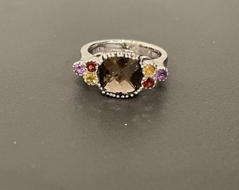 Sterling Silver Smoky Topaz, Amethyst, Yellow Topaz and Garnet Ring