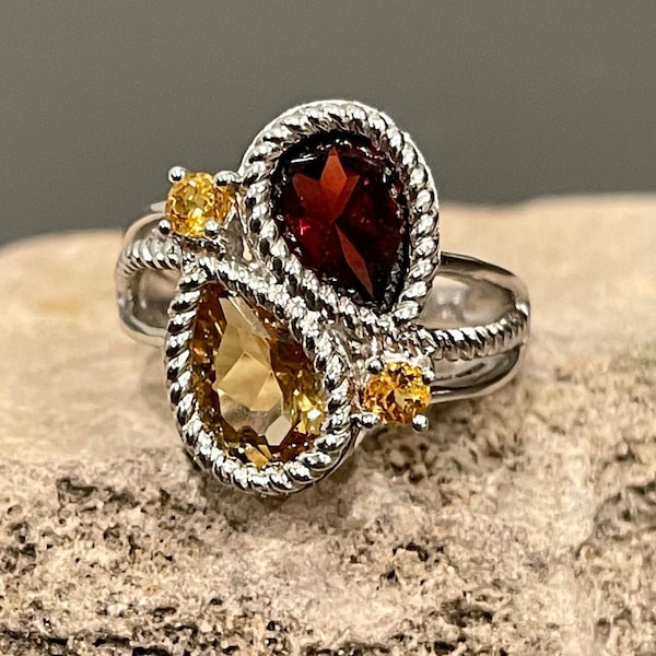 Sterling Silver Garnet And Yellow Topaz Ring In A Size 7