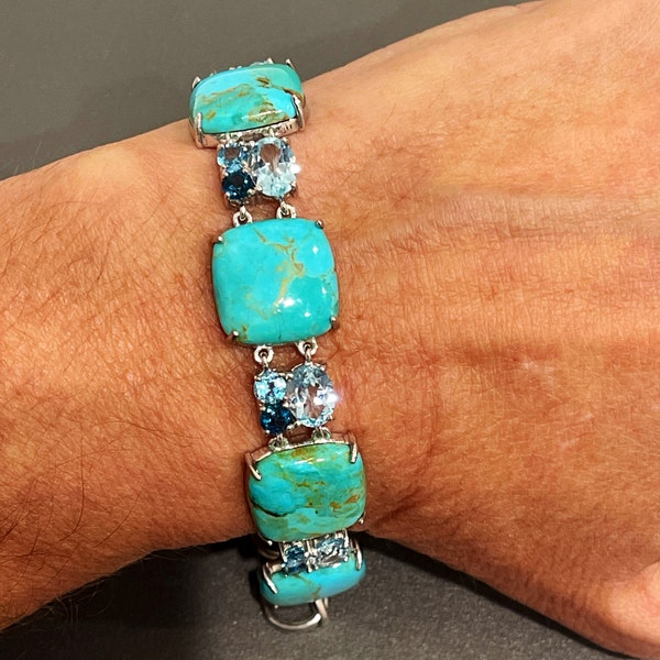 Sterling Silver Turquoise And Blue Topaz Link style Bracelet With Toggle Clasp