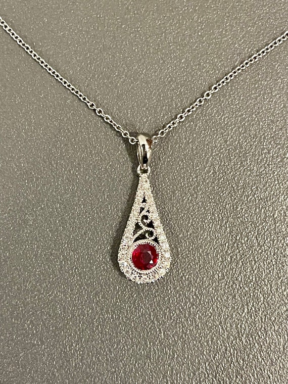 Ruby & Diamond Teardrop Pendant, Filigree 14kt Wh… - image 1